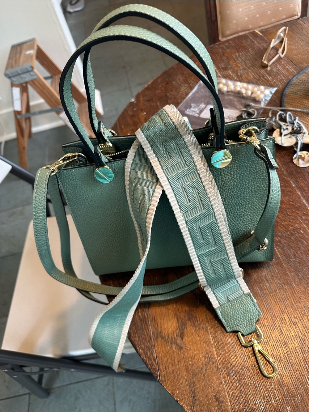 Green Women's Leather Satchel with Detachable Webbed Strap